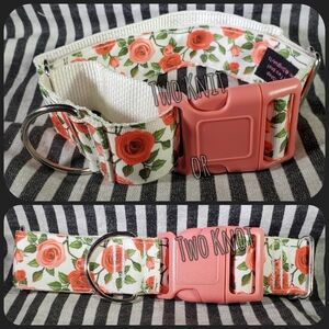Hand Crafted Floral Buckle Dog Collar in White with Red Pink Roses Greens NWT